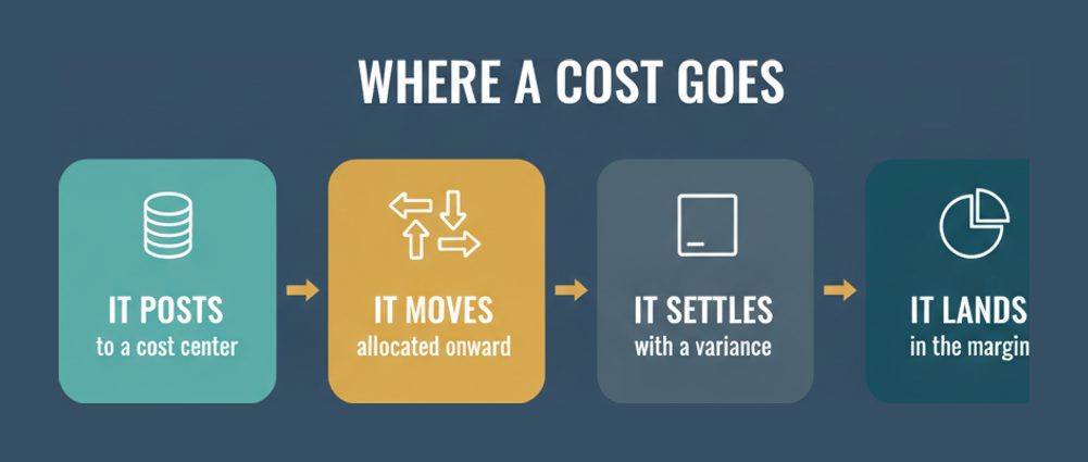 The C_TS4CO cost cascade: a cost posts to a cost center, is allocated onward, settles with a variance and lands in the margin