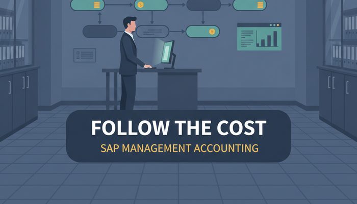 C_TS4CO S/4HANA management accounting certification banner showing a controlling consultant before a wall-sized cost flow diagram