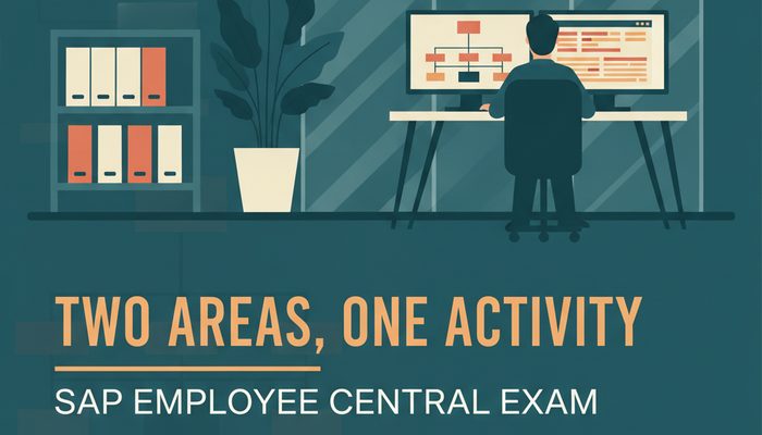 SAP SuccessFactors Employee Central certification banner showing a consultant configuring an organisation chart and employee records