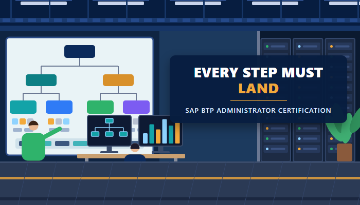 SAP BTP administrator certification banner showing a cloud operations room with an account hierarchy board, server racks and an administrator at two monitors, with a headline naming the C ADBTP exam