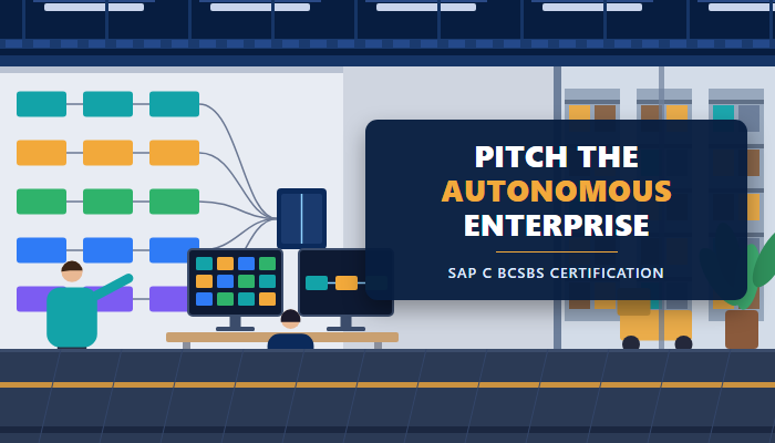 SAP Autonomous Enterprise certification banner showing a data operations room with a wall board, a glass wall and a presales advisor at two monitors, with a headline naming the C BCSBS exam