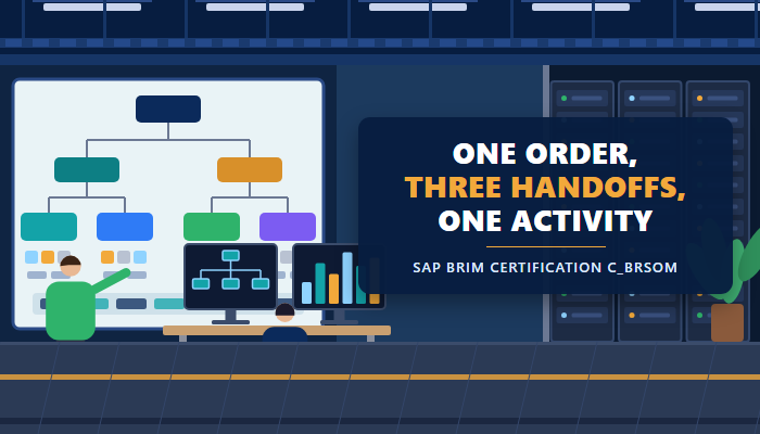 SAP BRIM certification C_BRSOM banner showing a billing operations room with consultants at configuration screens and the headline one order, three handoffs, one activity