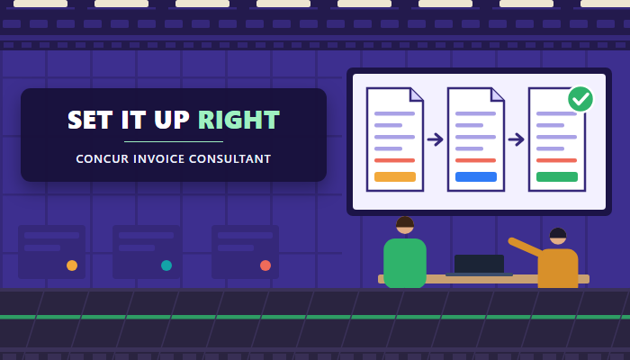Concur Invoice configuration consultant banner showing an office wall screen with three invoice documents moving through approval to a green tick, two consultants at a table and a headline for the C CI325 exam