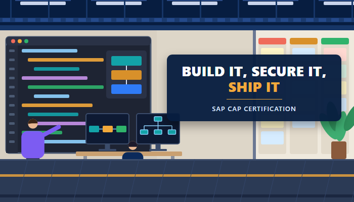 SAP CAP certification banner showing a developer workspace with a code editor wall screen, a task board and a developer at two monitors, with a headline naming the C CPE exam