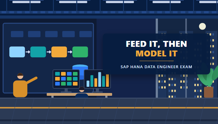 SAP HANA data engineer banner showing a data operations room with a wall dashboard and an engineer at two monitors, with a headline naming the C HAMOD exam