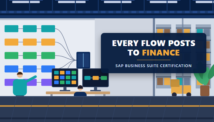 SAP end-to-end business processes certification banner showing a finance and operations floor with a wall board tracing five process flows into one ledger and a consultant at a workstation