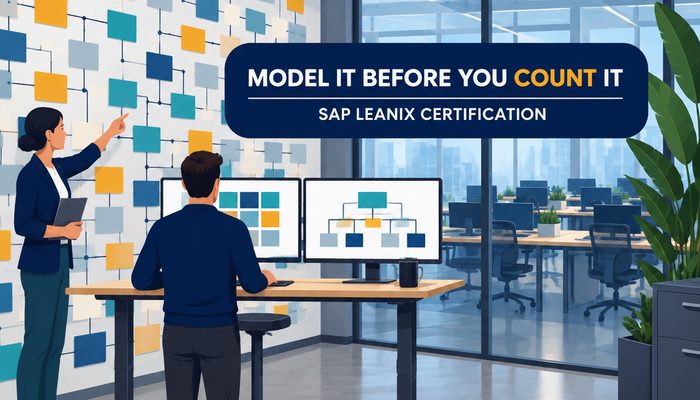 SAP LeanIX enterprise architecture consultant certification banner showing an architecture team room with a landscape wall board of linked application cards and a planner at a workstation