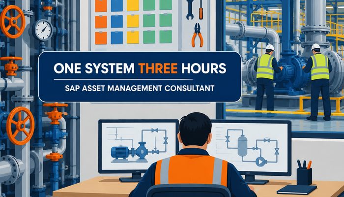 SAP asset management implementation consultant exam banner showing a maintenance planning office overlooking a plant floor with technicians at a pump