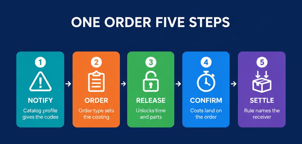Five step maintenance order chain in SAP S/4HANA Asset Management, notification, order, release, confirm, settle, each with the setting that enables it