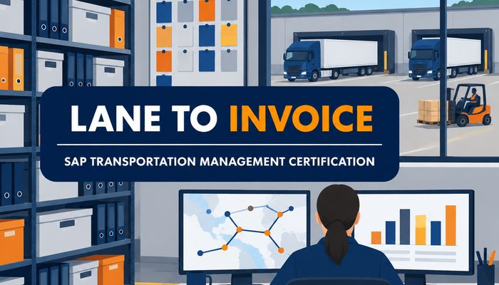 SAP transportation management certification banner showing a freight planning office overlooking a loading yard with trucks at the dock doors