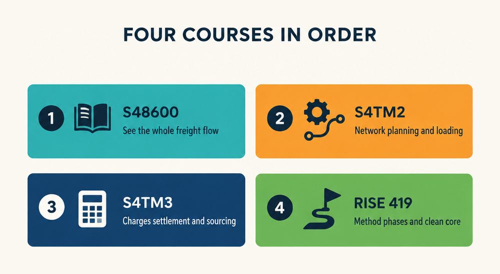 Four course order for the SAP transportation management certification learning path, business processes first, then planning and execution, then charges and settlement, then RISE with SAP methodology