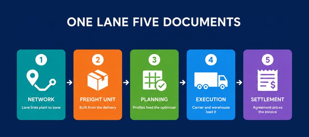 Five step chain in SAP S/4HANA Transportation Management from network lane to freight unit to planning to execution to settlement, each with the object that enables it