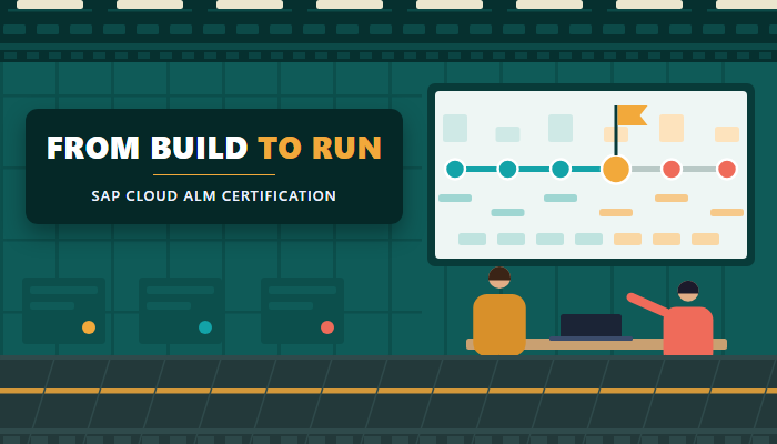 SAP Cloud ALM certification banner showing a project control room with a wall timeline running from build to run, two consultants at a planning table and a headline naming the C STC exam