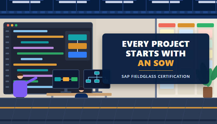 SAP Fieldglass certification banner showing a workspace with a wall screen and an administrator at two monitors, with a headline naming the C TFG61 exam