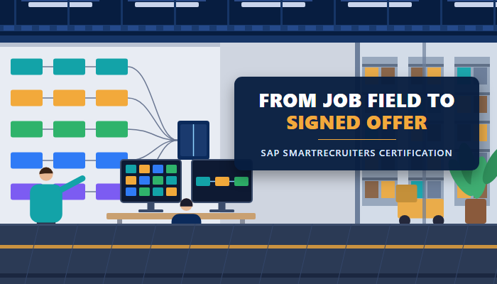 SAP SmartRecruiters certification banner showing an office with a planning board and a consultant at two monitors, with a headline naming the C THR104 exam