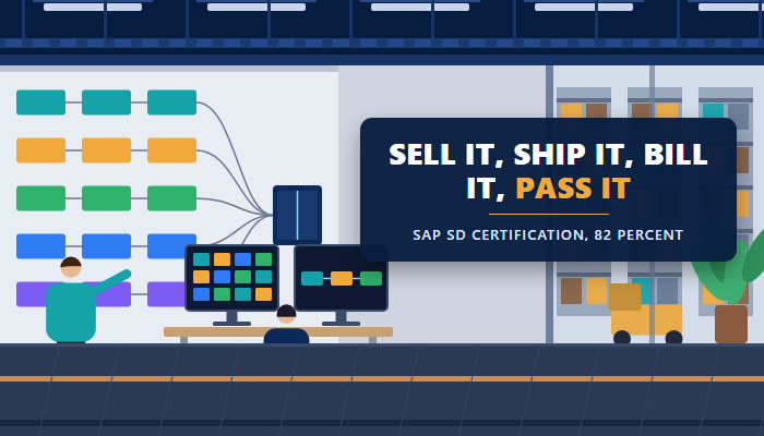 SAP SD certification banner showing a sales operations floor with a wall board tracing a sales order through delivery and goods issue to billing, and a consultant at two monitors, with a headline naming the C TS462 exam