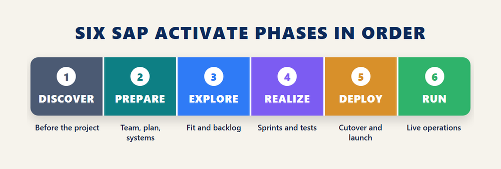 SAP agile certification infographic showing the six SAP Activate phases in order for E ACTAI, Discover, Prepare, Explore, Realize, Deploy and Run, with what happens in each