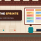 SAP agile certification banner showing a project room with a three column sprint board of coloured cards, two team members at a table and a headline naming the E ACTAI exam