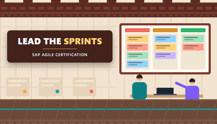 SAP agile certification banner showing a project room with a three column sprint board of coloured cards, two team members at a table and a headline naming the E ACTAI exam