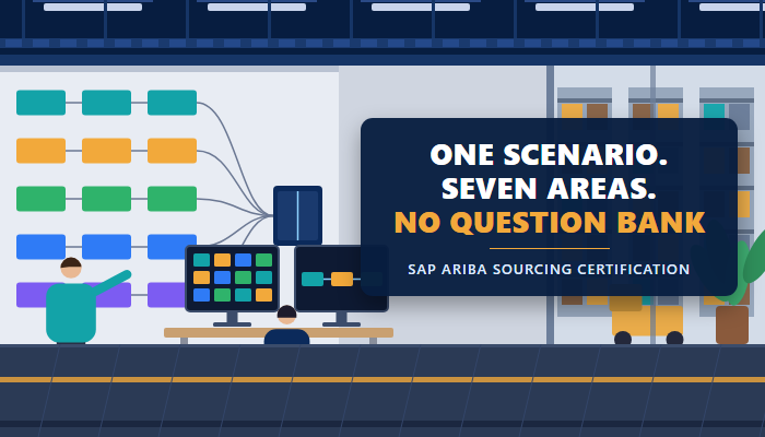 SAP Ariba Sourcing certification banner showing a sourcing consultant at a process board with the headline one scenario, seven areas, no question bank