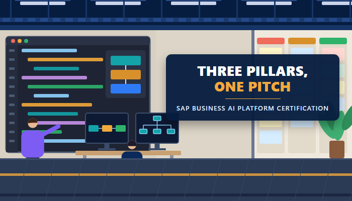 SAP C_BCBTP Positioning SAP Business AI Platform certification banner with a developer room scene under the headline three pillars one pitch