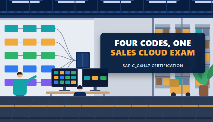 SAP C_C4H47 Sales Cloud Version 2 certification banner showing a sales operations floor with a consultant at a pipeline dashboard