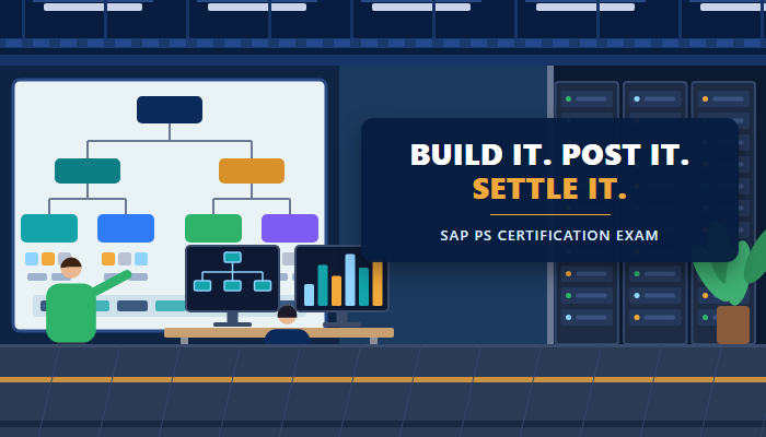 SAP PS certification banner showing a project controller at an operations board with the headline build it, post it, settle it